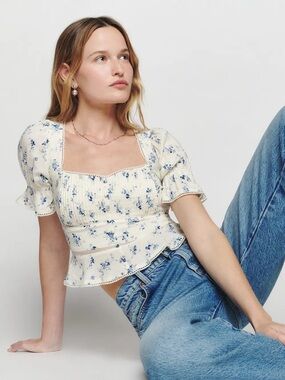 NWOT REFORMATION Daphne Floral Linen Peplum Top In Orlaya Size 12
